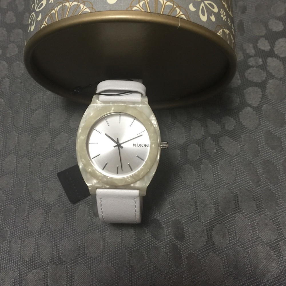Nixon Pearl-Accented Silver Watch with White Band